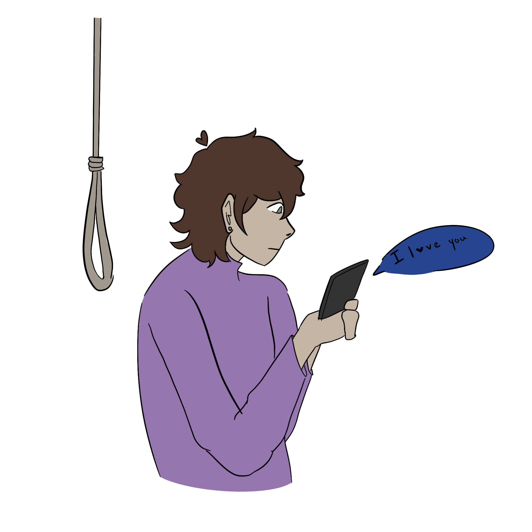 a person with white skin and dark brown hair texting from a phone with a blue seng message saying 'i love you' a tan noose hangs in the background.